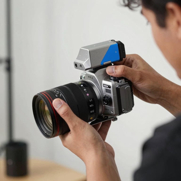 Professional photographer capturing product shots in a bright studio, Steel Blue accents, Spanish-speaking / Global environment.