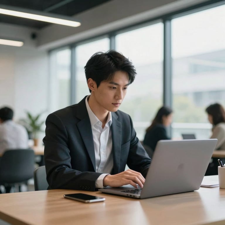 A focused professional working on a laptop in a modern co-working space with large windows, Soft White lighting.