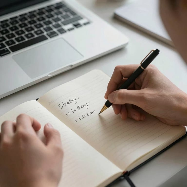 Close-up of hands writing strategy notes in a clean notebook next to a modern laptop, Soft White and Grey tones.