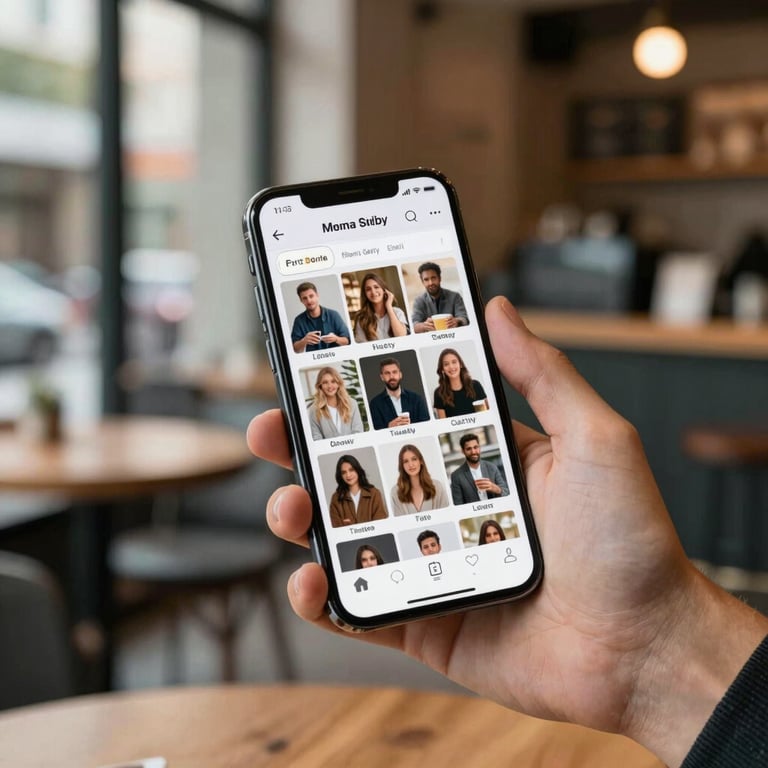 Hand holding a smartphone showing a social media feed in a stylish urban cafe setting, professional photography.