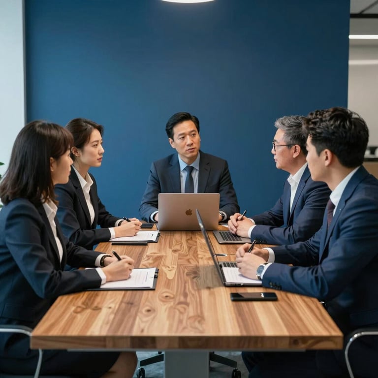 A team meeting around a wooden table in a high-end office, clean aesthetic, Dark Blue and Sky Blue decor colors.