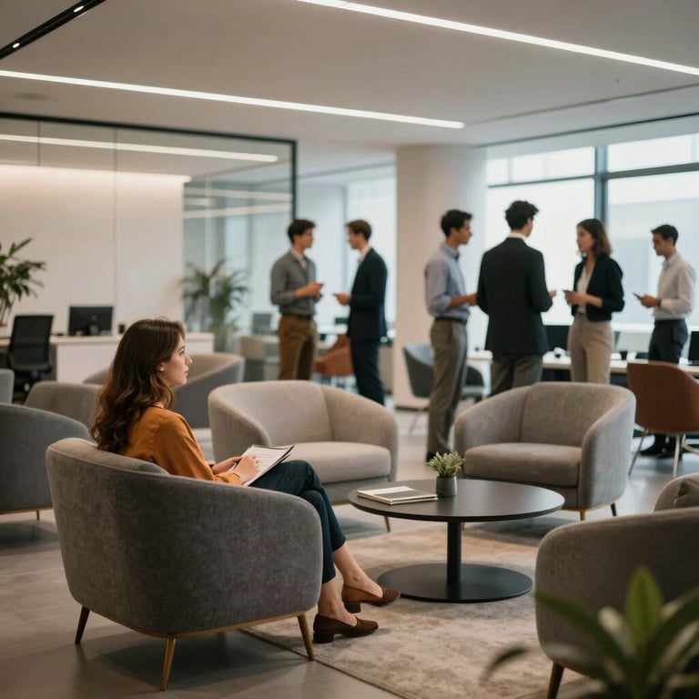 Modern office lounge with sophisticated furniture, professional people networking in the background, Spanish-speaking / Global.