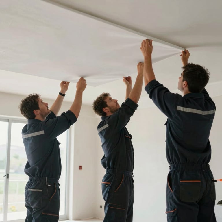 A team of professionals in Dark Navy workwear efficiently installing a large ceiling sheet in a North American / US residential project.