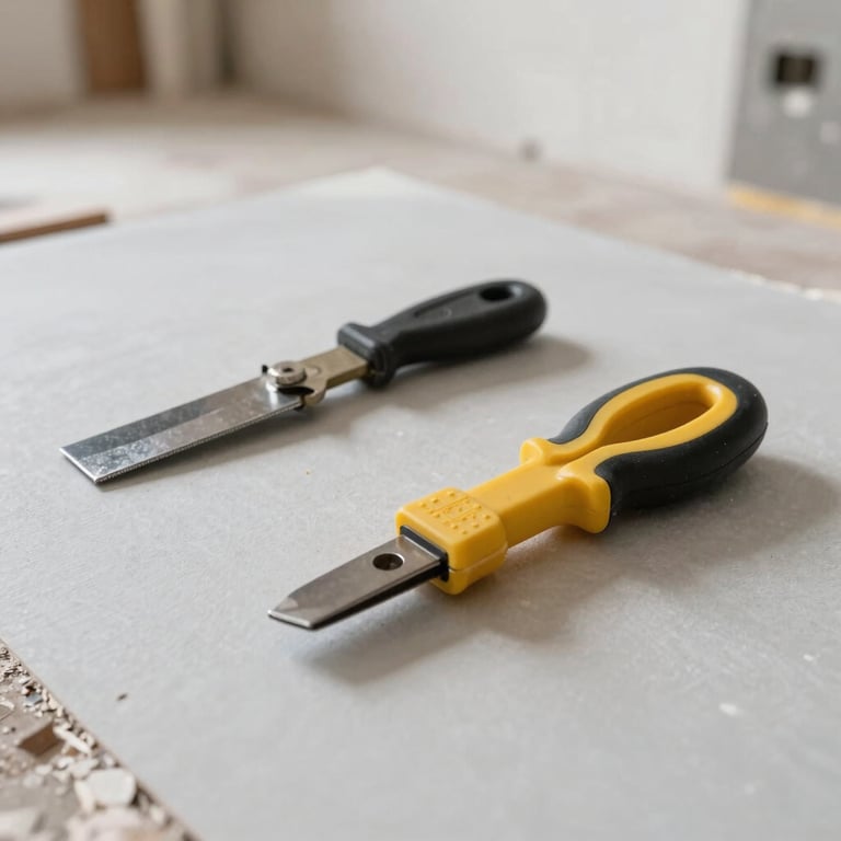 A detailed shot of drywall taping tools resting on a clean Pearl Grey surface in a North American / US construction site.
