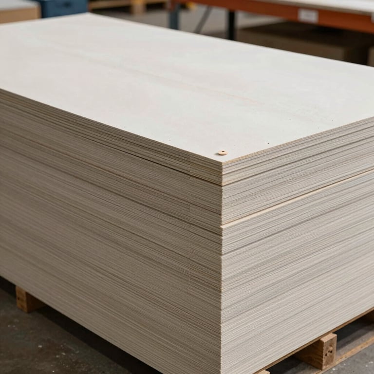 Stacks of high-quality drywall sheets ready for installation in a clean, well-lit North American / US warehouse environment.