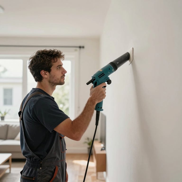 A professional worker sanding a wall joint with a dust-free vacuum system in a modern North American / US living room.