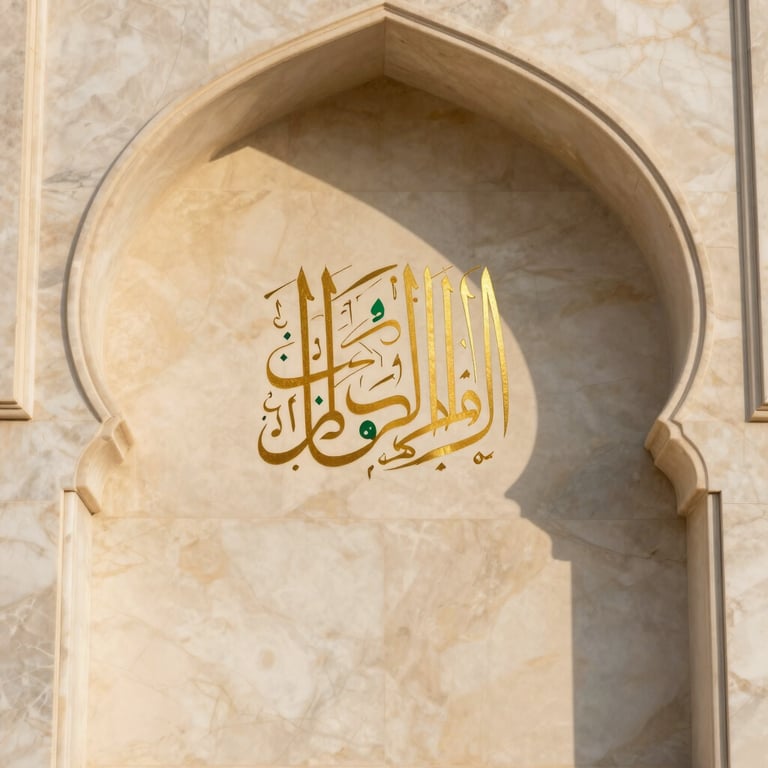 Close-up detail of elegant gold calligraphy on warm cream marble, soft diffused natural light, minimal Islamic aesthetic, 35mm