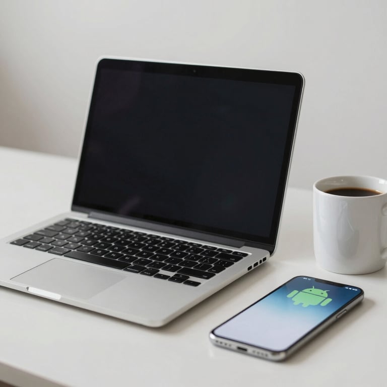 A workspace with a laptop, a coffee mug, and an Android phone, clean and inviting aesthetic.