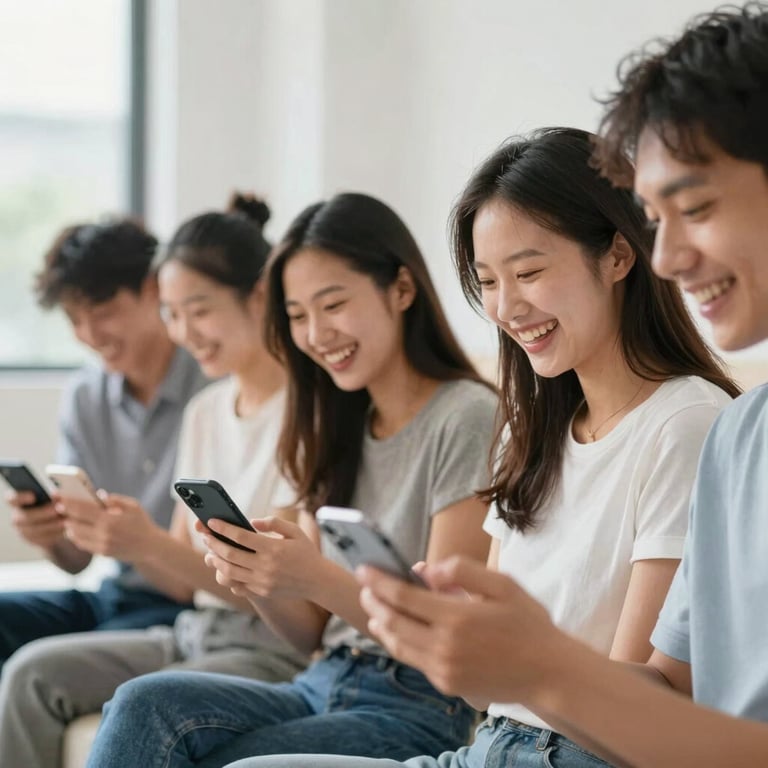 A group of diverse users interacting with their phones, laughing, in a bright urban environment.