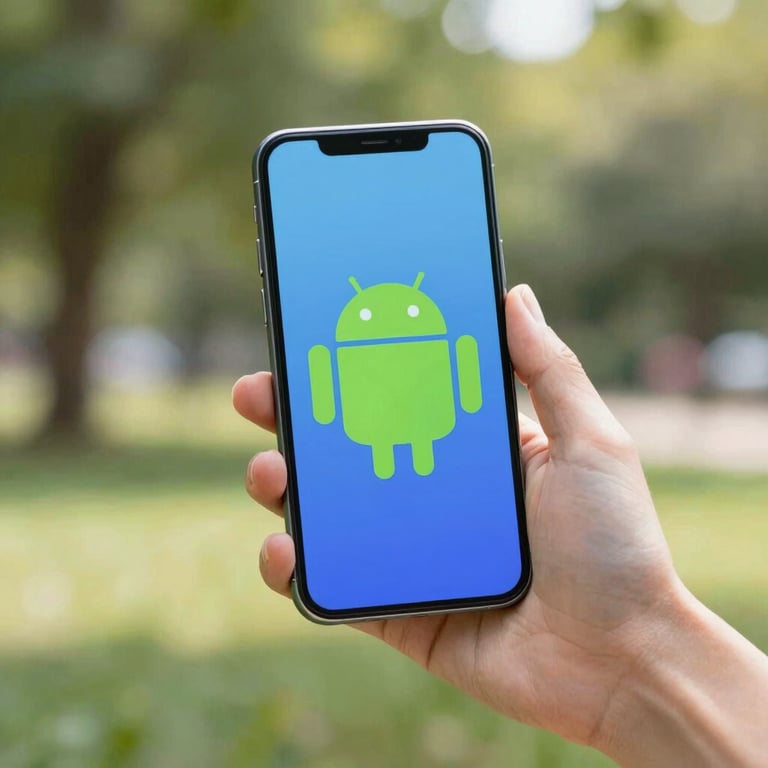 A hand holding a modern smartphone with a vibrant, simple Android interface in a sunny park setting.