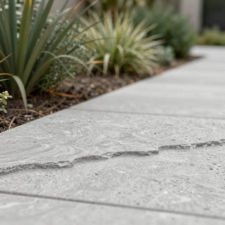 Alee din beton amprentat cu model de piatră naturală, culori #AEB9B4 și #E8EBEA, grădină luxuriantă.