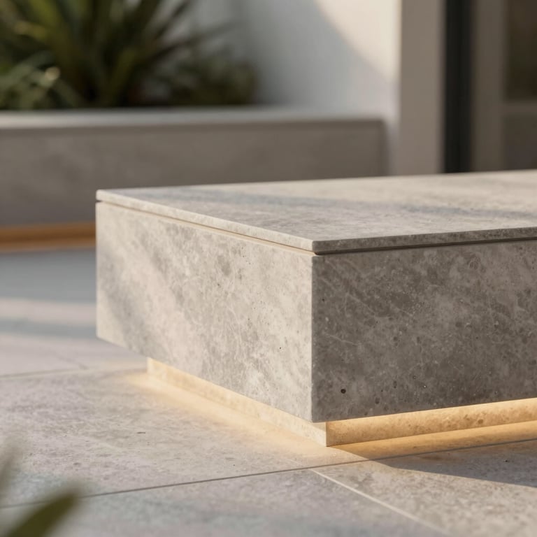 Terrace detail showing the precision of the 'matrite' used for a stone-effect finish, elegant lighting.