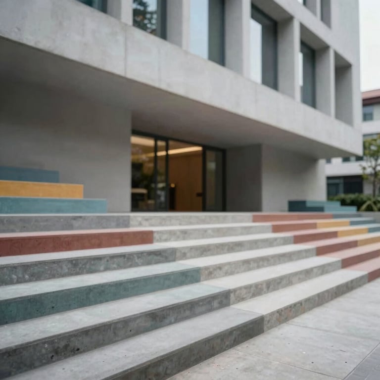 Entrance of a modern building featuring colored concrete stairs and walkway, craftsmanship focus.