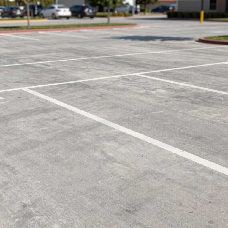 Commercial parking lot with heavy-duty stamped concrete, geometric design, durable and professional.