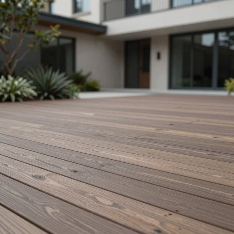 Modern courtyard with wood-pattern stamped concrete in #5F746C tones, professional finish.