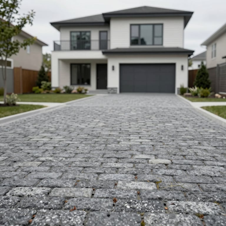 Grey cobblestone texture on a wide driveway, high-contrast #2E3A3A finish, modern home background.