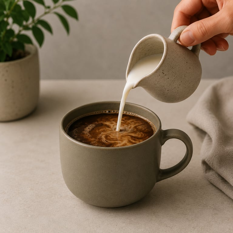 A hand pouring fresh milk from a ceramic creamer into a grey mug of dark roast coffee.