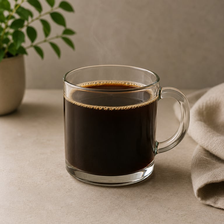Steaming hot black coffee in a clear glass mug on a stone countertop with a green plant.