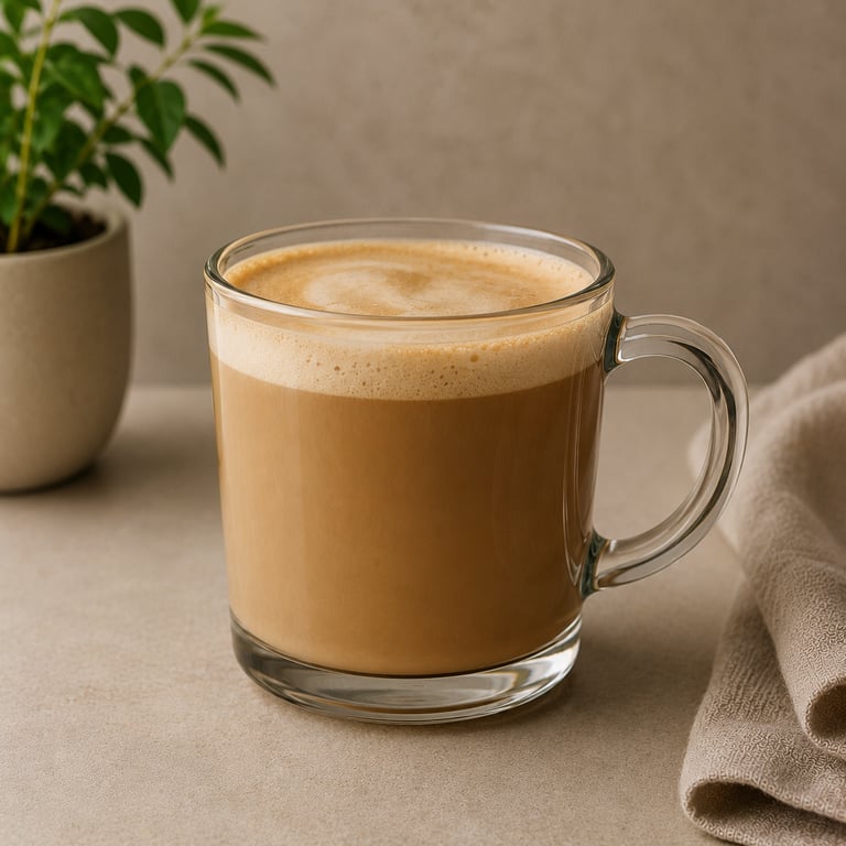 A frothy hot latte in a clear glass mug on a stone countertop with a small potted plant.