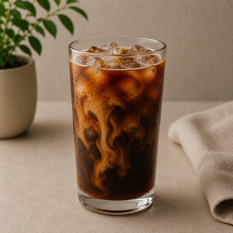Iced coffee with cream swirls in a tall glass with ice cubes on a neutral table.