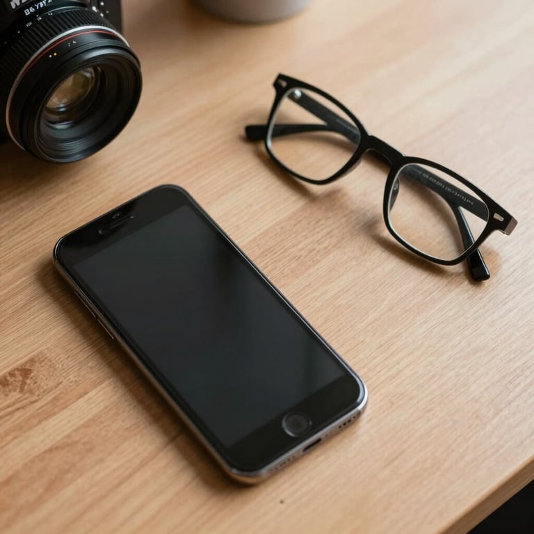 Top-down view of an organized desk with a smartphone and a pair of glasses.