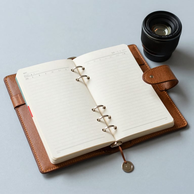 A leather-bound planner on a light blue surface, minimalist and professional.