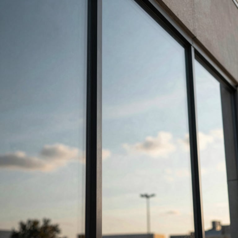 Detail of a clean glass window reflecting a bright Texan sky.