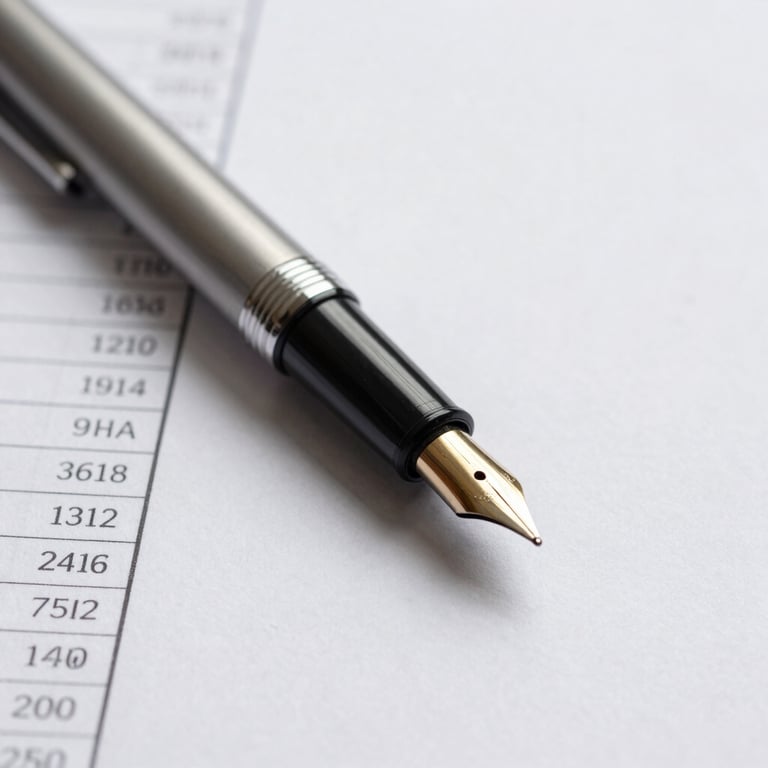 Close-up of a high-quality fountain pen resting on an audit report. Minimalist.