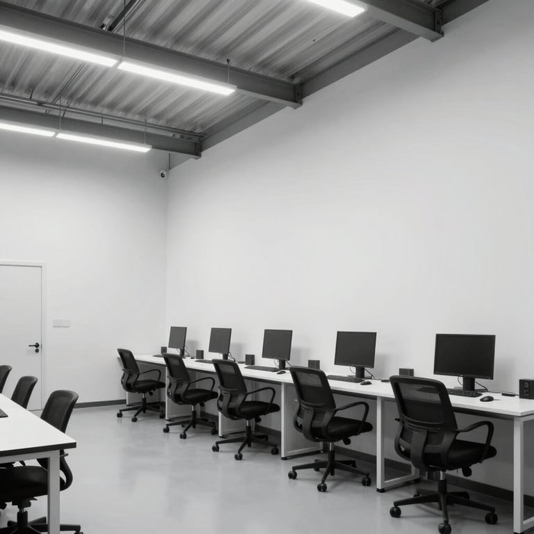 Interior view of a modern, clean industrial workspace with white walls.