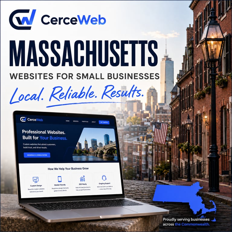 CerceWeb Massachusetts small business website design services shown on a laptop with a Boston skyline background.