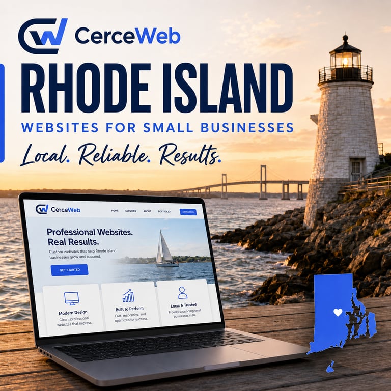 CerceWeb laptop displaying custom Rhode Island small business website design by a coastal lighthouse.