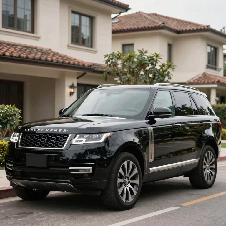 A black executive SUV parked in a well-lit luxury residential area, emphasizing private client protection.