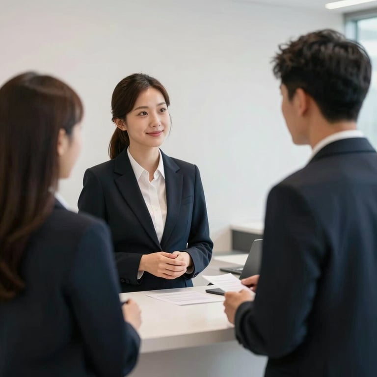 A professional greeting a visitor at a corporate reception desk, showcasing professional appearance and communication.