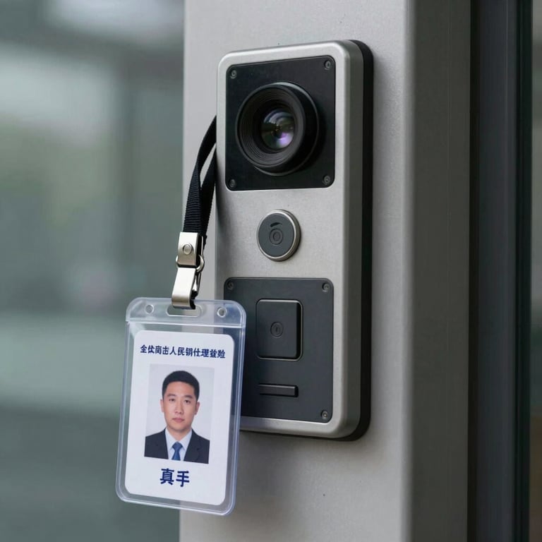 Close-up of a high-tech security access control pad and a professional badge at an office entry.
