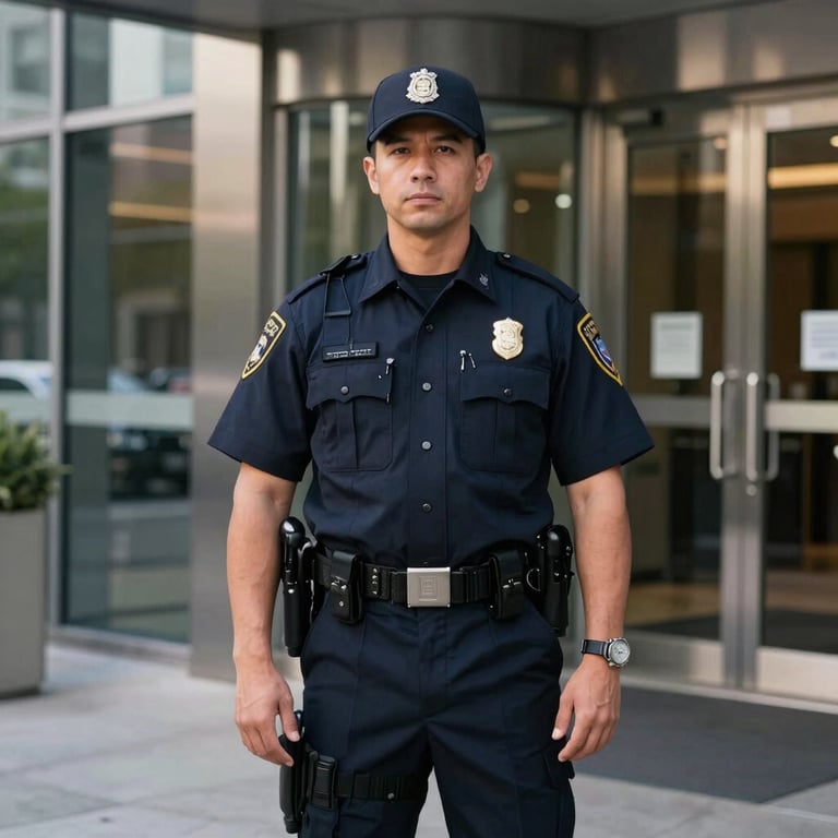 A sharp, professional security guard standing at a modern corporate entrance, wearing a crisp navy uniform in a North American city.