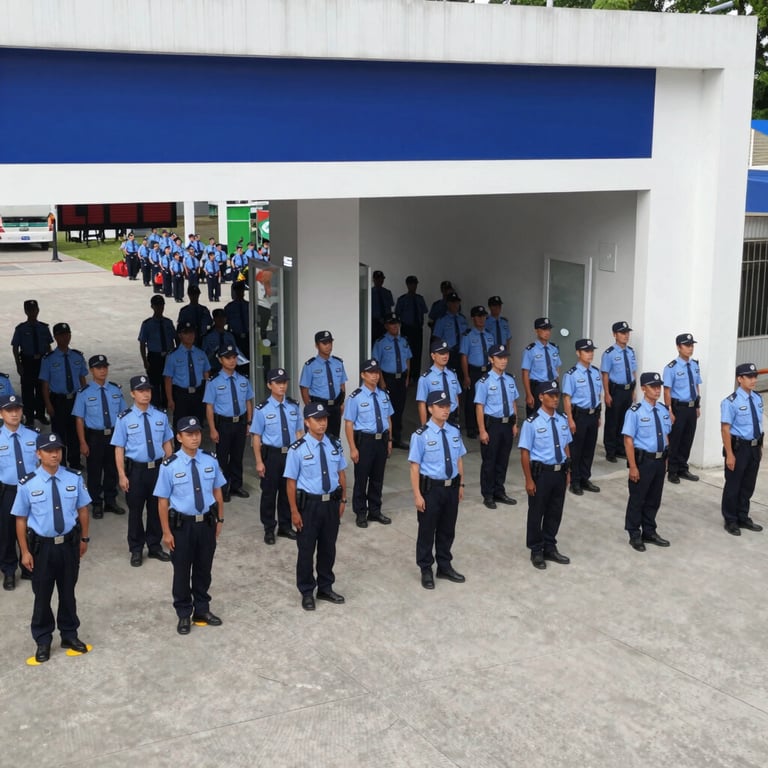 Wide shot of a large-scale corporate event with uniformed security staff positioned at key entry points.