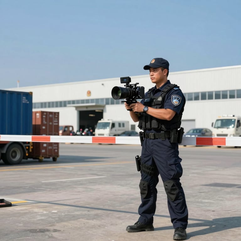A security professional performing a perimeter patrol at a high-end logistics facility under clear blue skies.