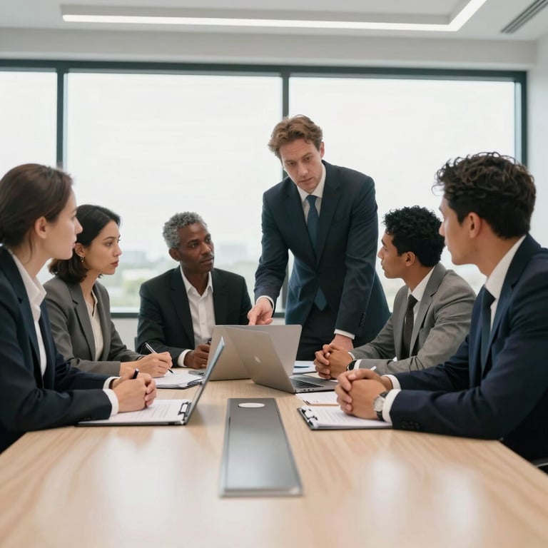 A group of professionals in a bright, modern meeting room in East Africa discussing financial growth.