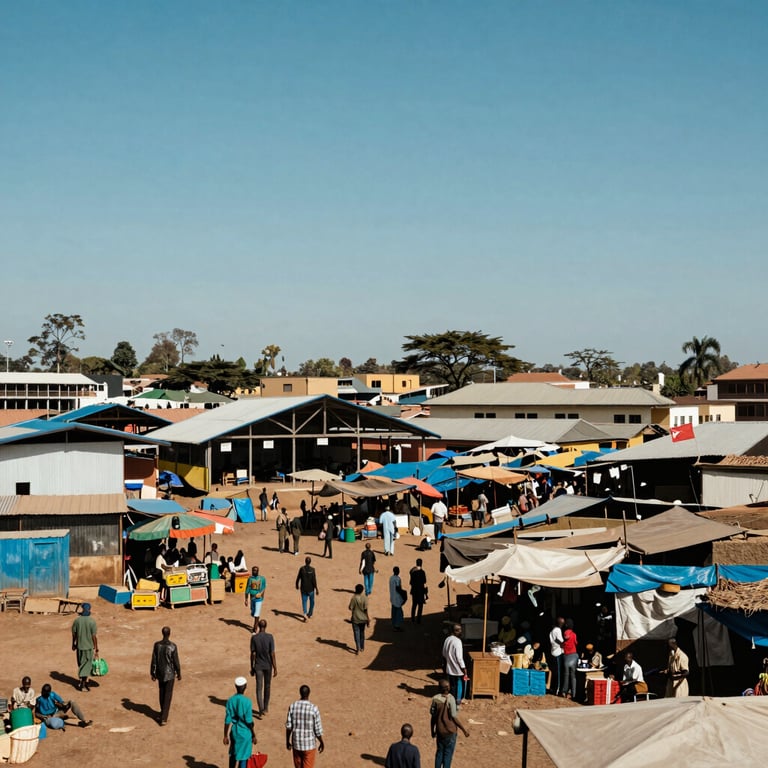 A wide shot of a bustling, modern East African marketplace with organized infrastructure and clear blue sky.