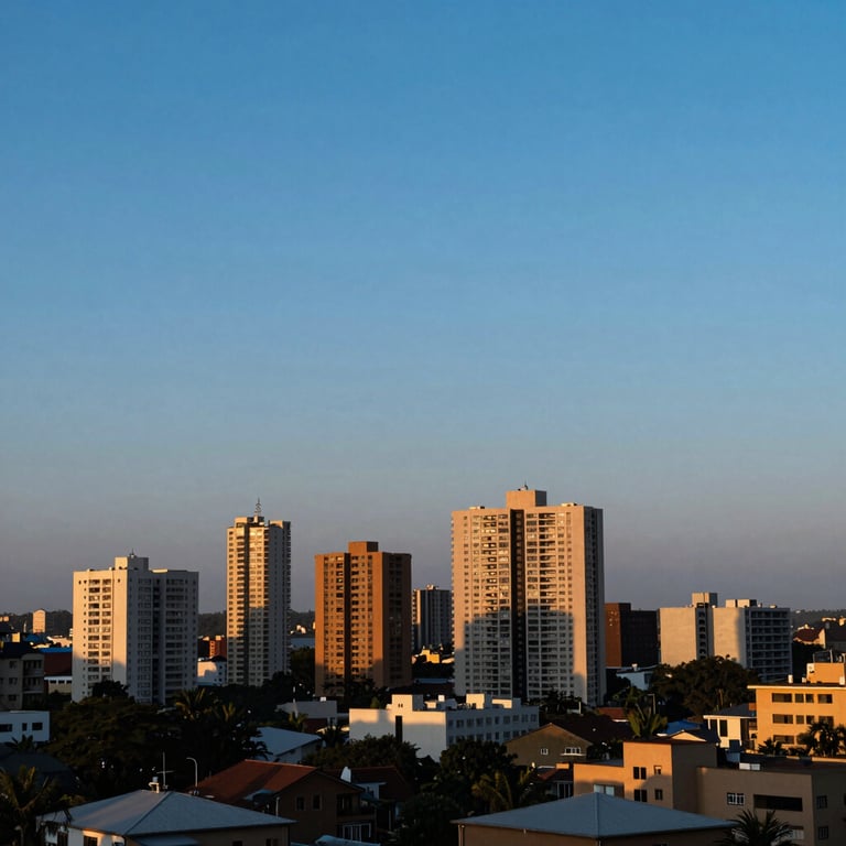 A serene sunset over a modern East African urban landscape, with deep blue and soft light blue sky colors.