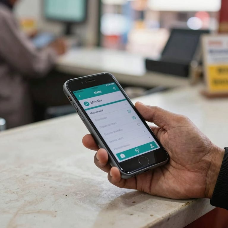 A close-up of a mobile wallet interface being used at a local business counter in a clean Somali market.