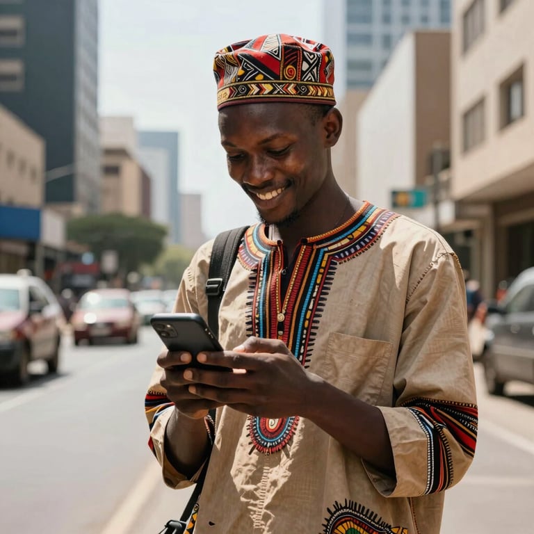A person in East African attire smiling while looking at their phone in a modern city street, bright daylight.