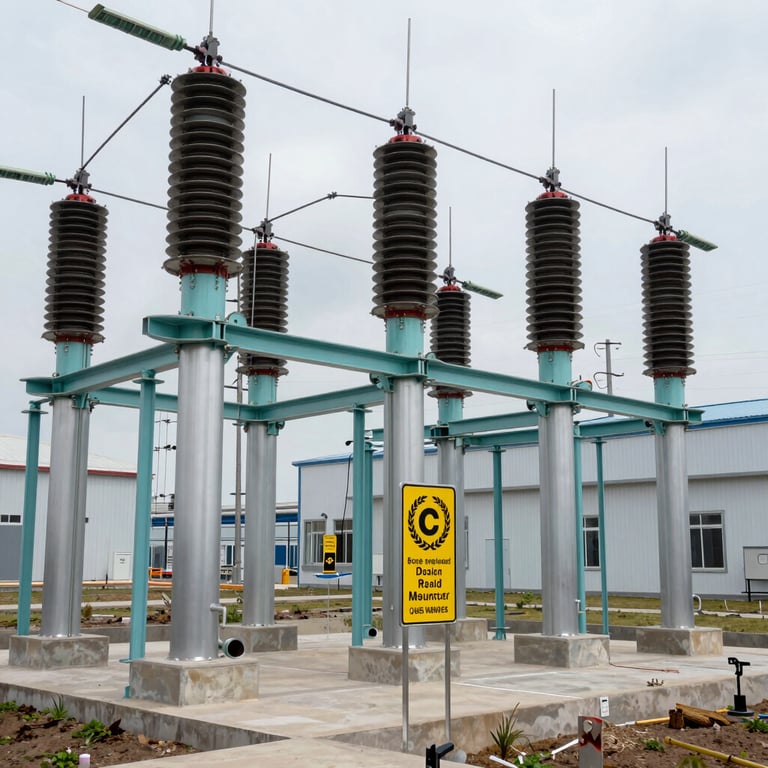 A wide shot of a newly completed industrial electrical project showing clean lines, metallic industrial teal finishes, and high-voltage signs.