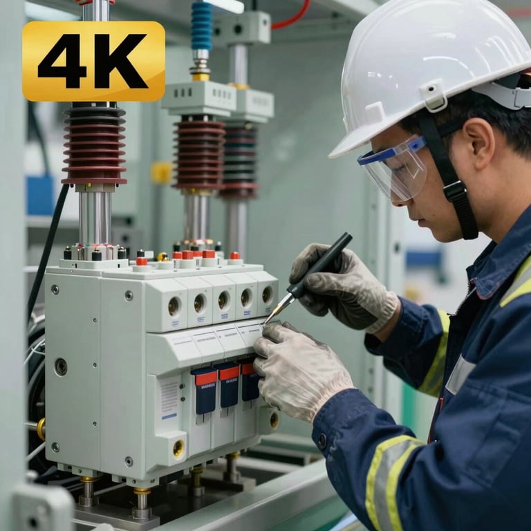 Precision maintenance work being performed on a medium-voltage circuit breaker by a professional in safety equipment.