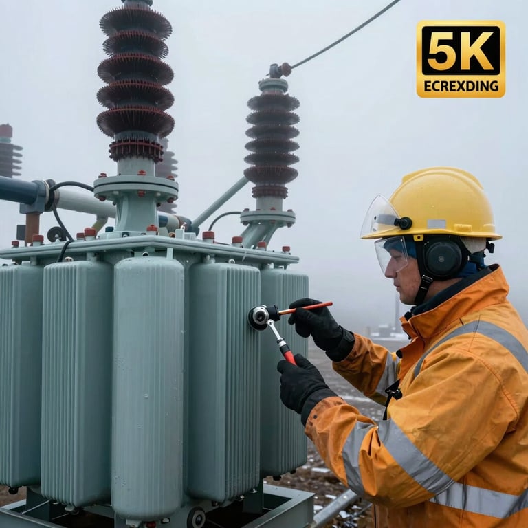 A technician in arctic mist safety gear inspecting a large power transformer with specialized tools.