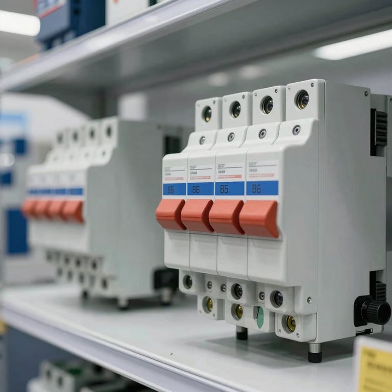 Detailed view of high-quality industrial electrical breakers and switches on display in a clean, modern showroom.