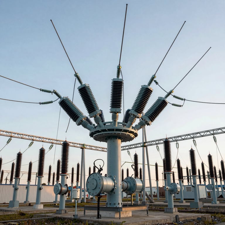 Exterior of a massive industrial substation under a clear sky, featuring high-voltage isolators in slate blue and deep navy tones.