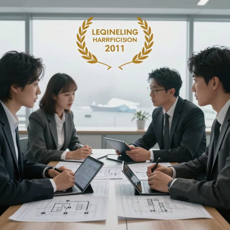 Professional engineering consultation meeting, showing technical blueprints and tablets in a bright arctic mist office environment.