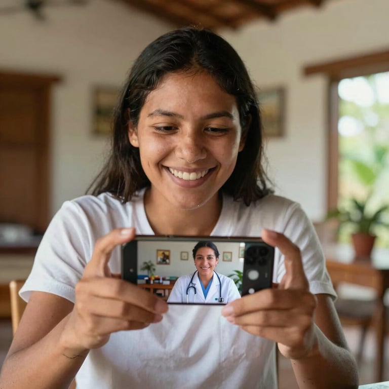 A smiling person in a South American home environment using a smartphone for a video consultation with a health professional.