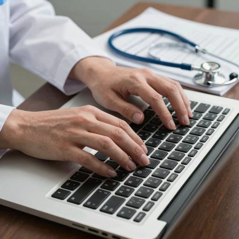 Detail of a pharmacist's hands typing on a modern laptop keyboard next to a stethoscope and professional medical documents.